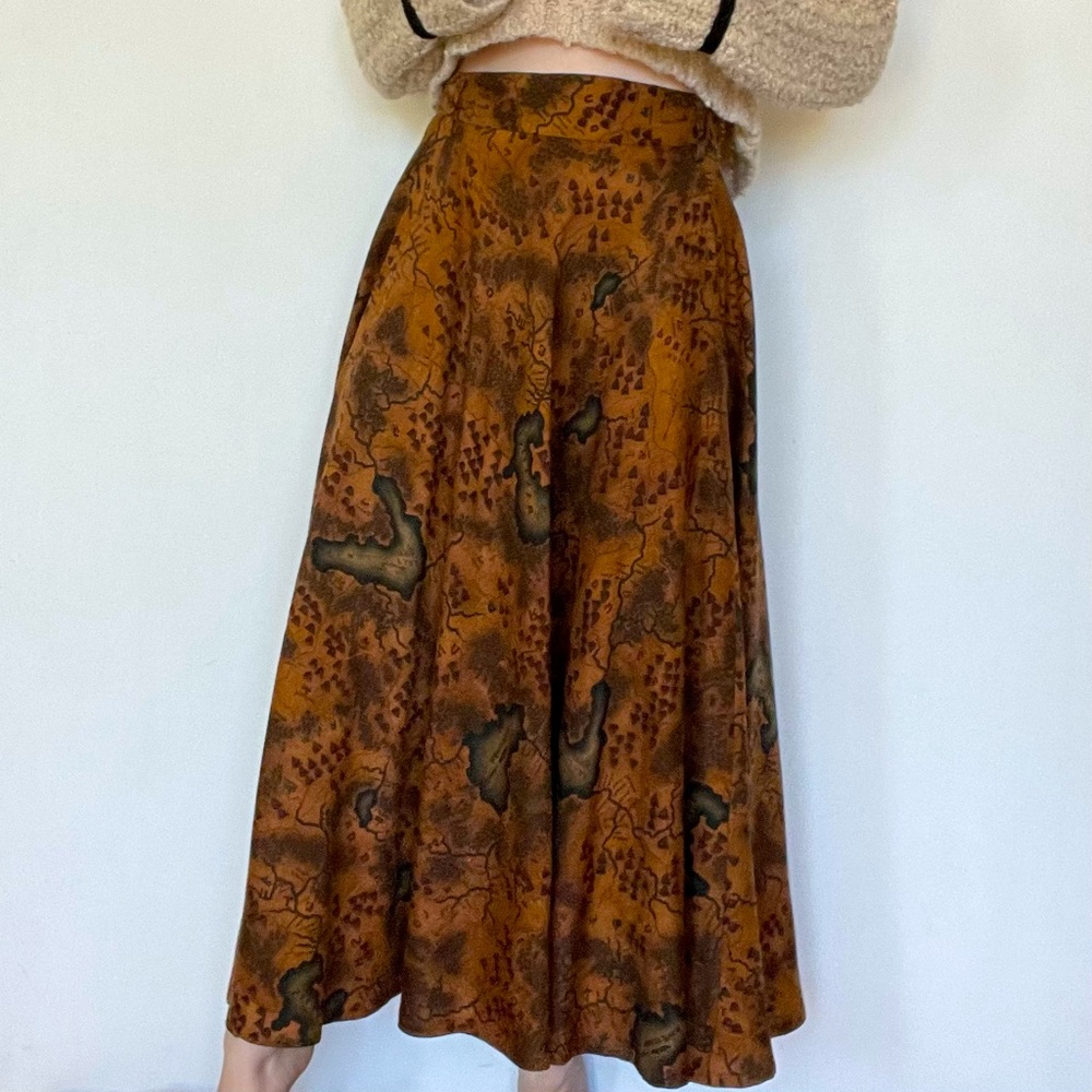 Vintage Linda Allard for Ellen Tracy Maxi Skirt Brown Map Belted Zip Up